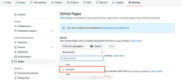 Change the branch on pages settings